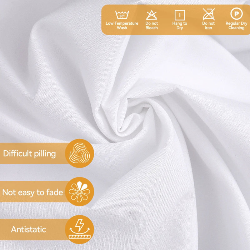 White fabric with a soft draped swirl, overlaid with care icons and text claiming low temperature wash, no bleach, hang to dry, do not iron, regular dry cleaning, difficult pilling, not easy to fade, and antistatic properties.