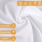 White fabric with a soft draped swirl, overlaid with care icons and text claiming low temperature wash, no bleach, hang to dry, do not iron, regular dry cleaning, difficult pilling, not easy to fade, and antistatic properties.