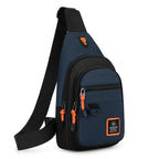 Blue sling bag with black accents and orange zippers on a white background