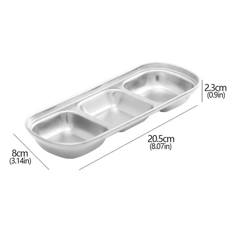 Stainless steel pet food dish with dimensions on a white background