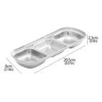 Stainless steel pet food dish with dimensions on a white background