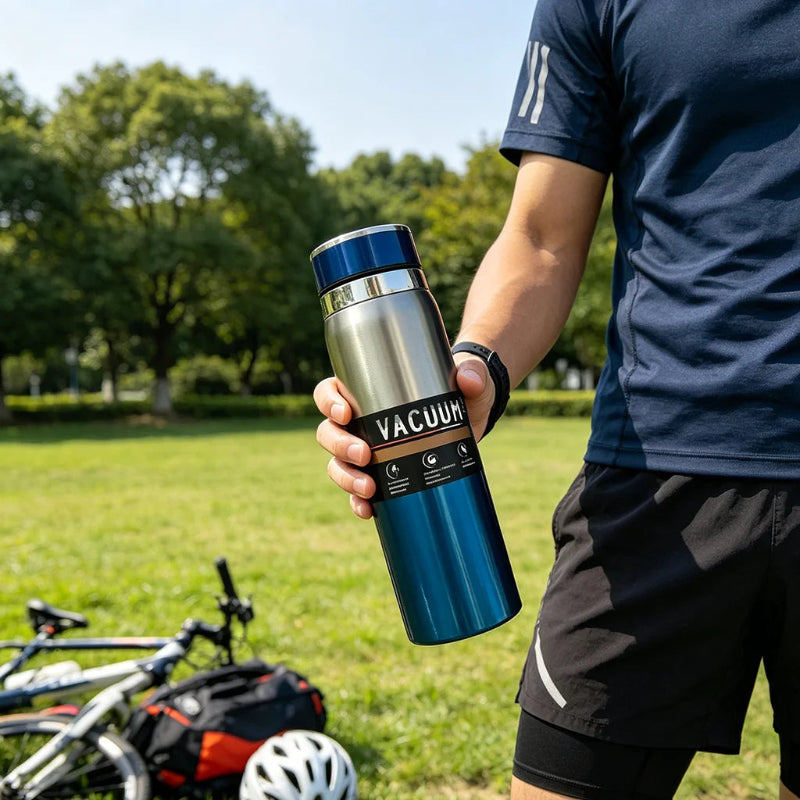 Person holding a vacuum insulated bottle outdoors with a bicycle and helmet in the background