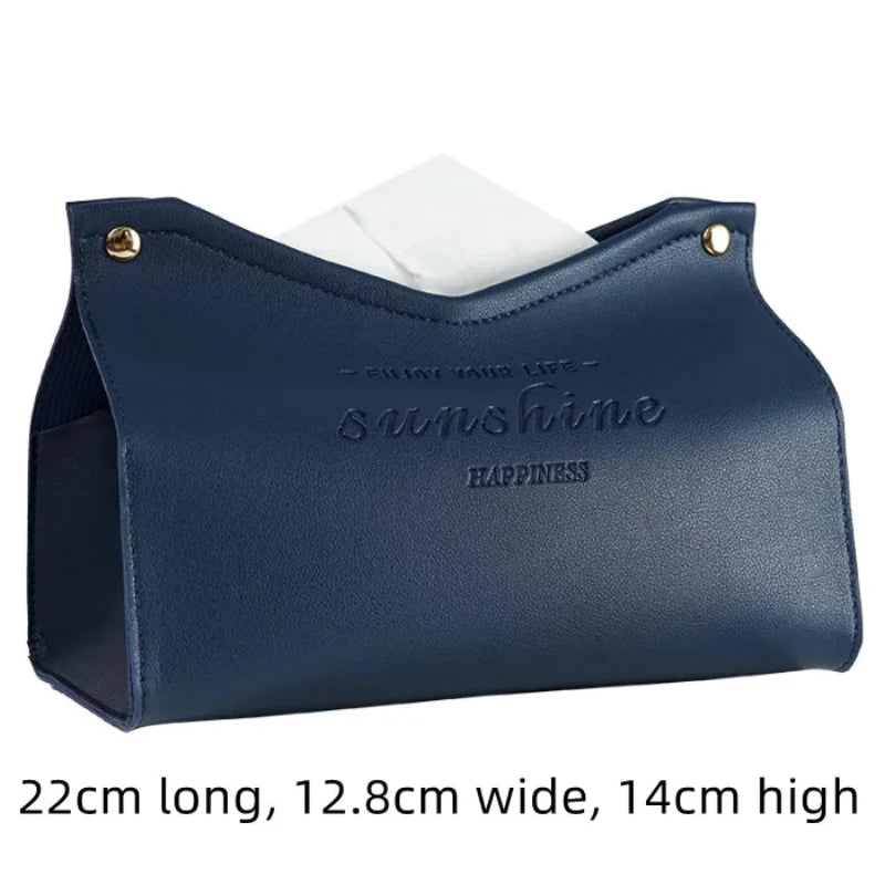 Navy blue pouch with 'sunshine happiness' text on a white background