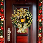 EMESA HOME 45CM Golden Lighted Floral Wreath with Red Ball Accents