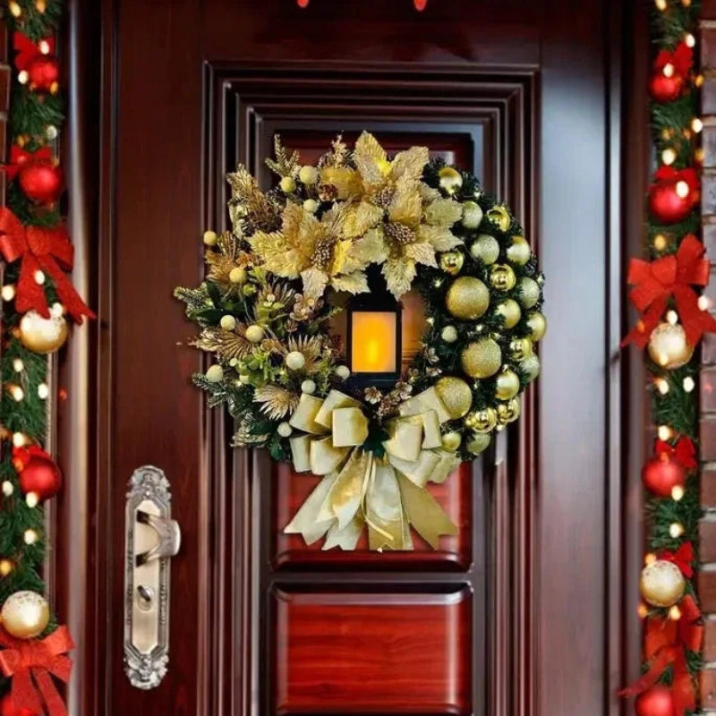 EMESA HOME 45CM Golden Lighted Floral Wreath with Red Ball Accents