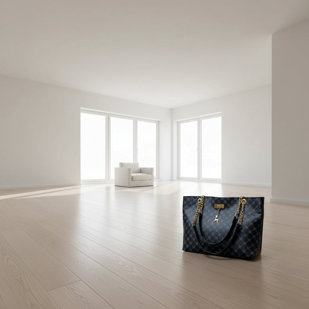 Black patterned handbag with gold chains and a tag on a dark surface.