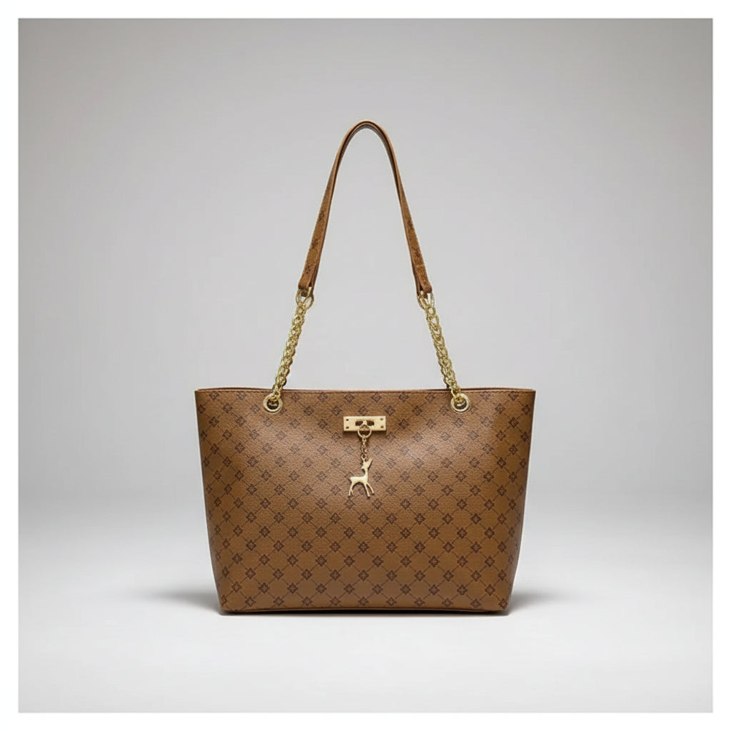 Brown patterned handbag with gold chain strap hanging on a white door handle.
