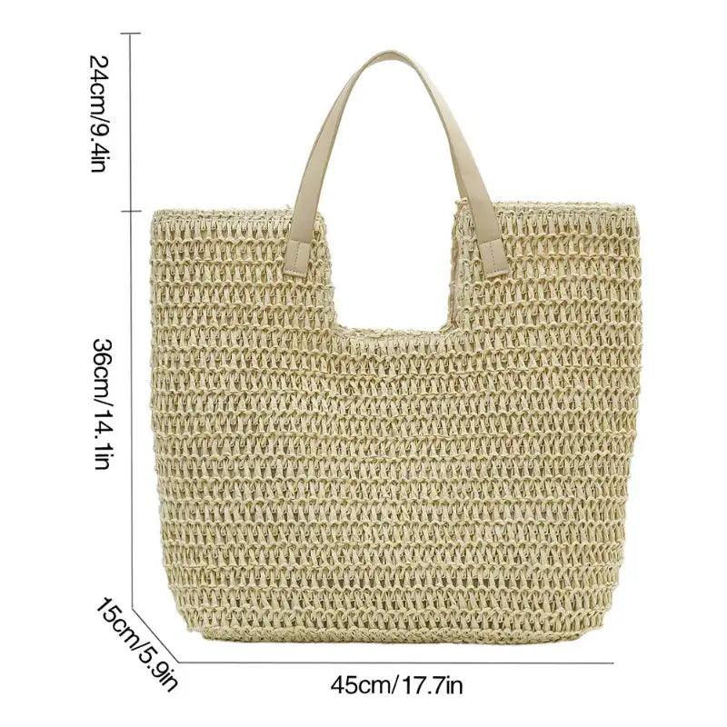 Beige woven handbag with dimensions on a white background