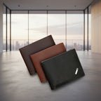Three wallets in black, brown, and dark brown on a wooden surface with dimensions displayed.