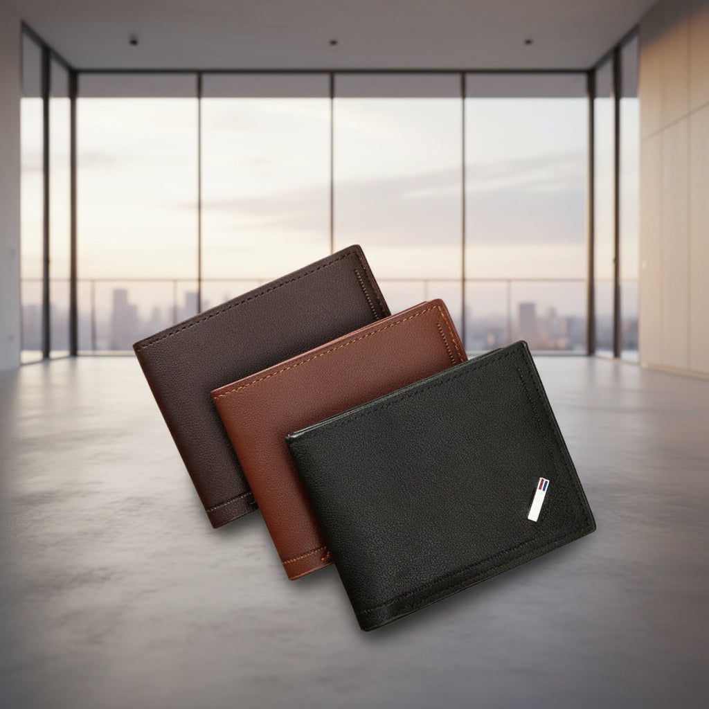 Three wallets in black, brown, and dark brown on a wooden surface with dimensions displayed.