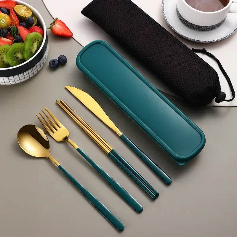 EMESA HOME Portable Stainless Steel Cutlery Set – Knife, Fork, Spoon, Chopsticks with Case, 4-Piece Travel Flatware Gift Set Gold green