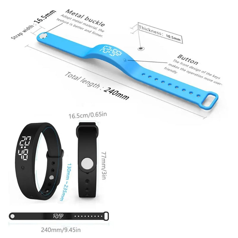 Blue fitness tracker with measurements and details on a white background