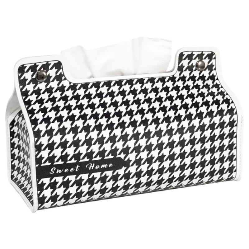 Tissue holder with houndstooth pattern and 'Sweet Home' text on a white background
