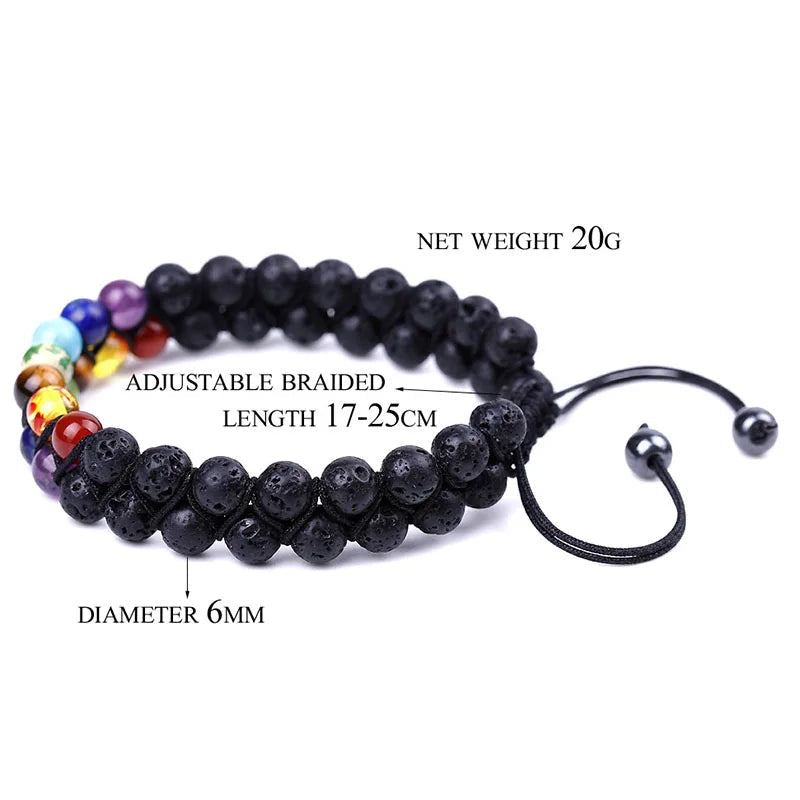 Black lava stone beaded adjustable bracelet with a multicolor accent segment on one side, shown on a white background with text overlays detailing its weight, length, diameter, and lava stone type.