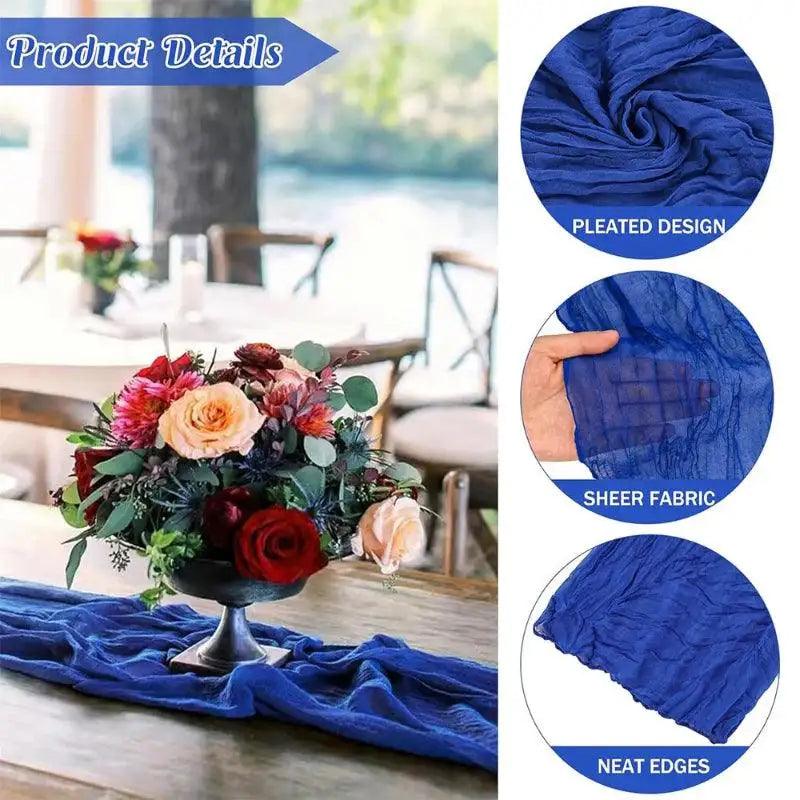 Blue pleated tablecloth with floral centerpiece on a table, featuring details of pleated design, sheer fabric, and neat edges.