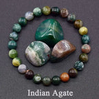 Indian Agate stones and beads on a dark background with 'Indian Agate' text.