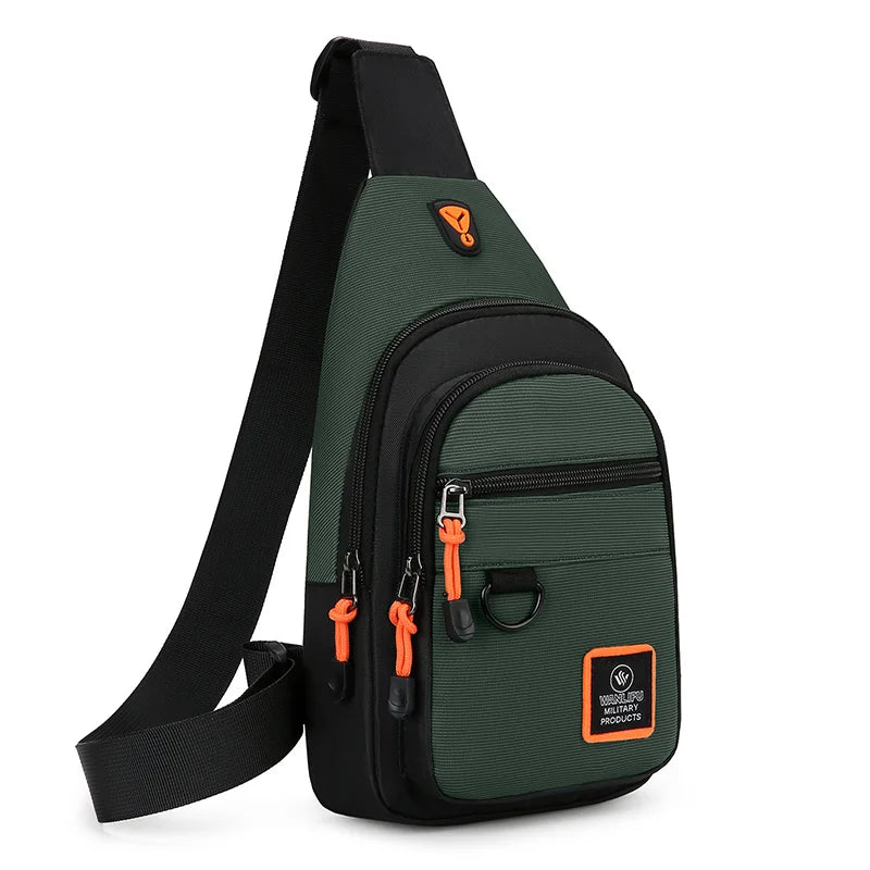 Green and black sling bag with orange accents on a white background