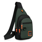 Green and black sling bag with orange accents on a white background