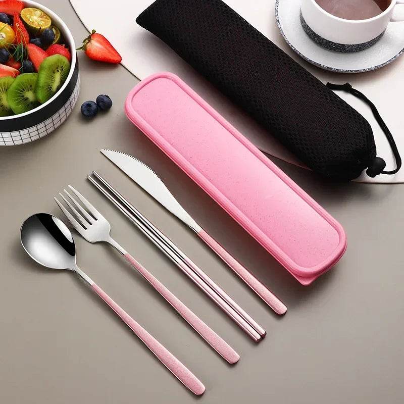 EMESA HOME Portable Stainless Steel Cutlery Set – Knife, Fork, Spoon, Chopsticks with Case, 4-Piece Travel Flatware Gift Set Silver pink