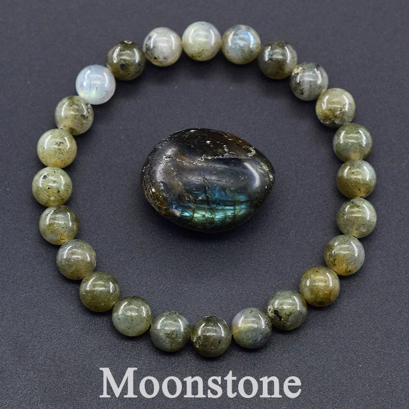 Moonstone bracelet on a dark background with 'Moonstone' text