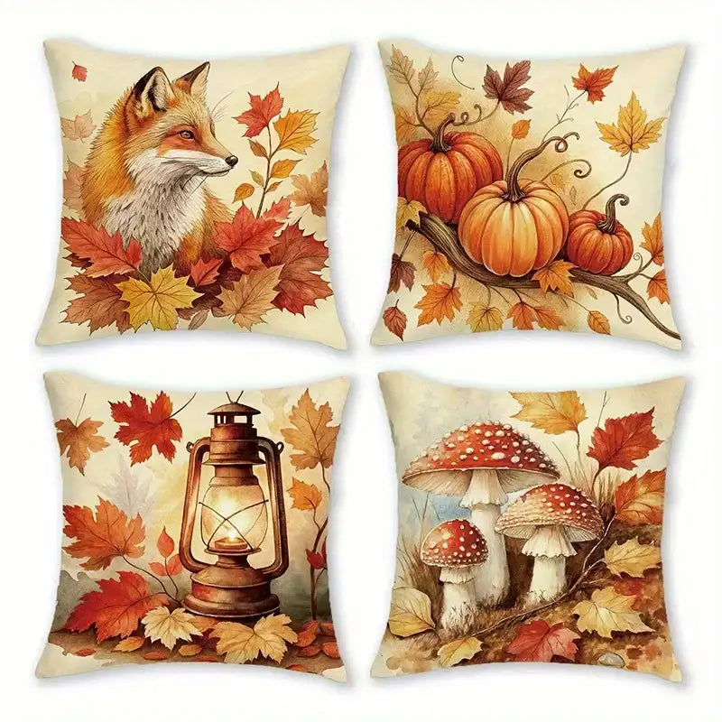 Four square decorative throw pillows arranged in a 2x2 grid, each printed with a different autumn-themed illustration: a fox among leaves, pumpkins on a branch, a lantern surrounded by leaves, and red-and-white mushrooms with leaves. The pillows have a warm cream background and are shown on a plain white background.