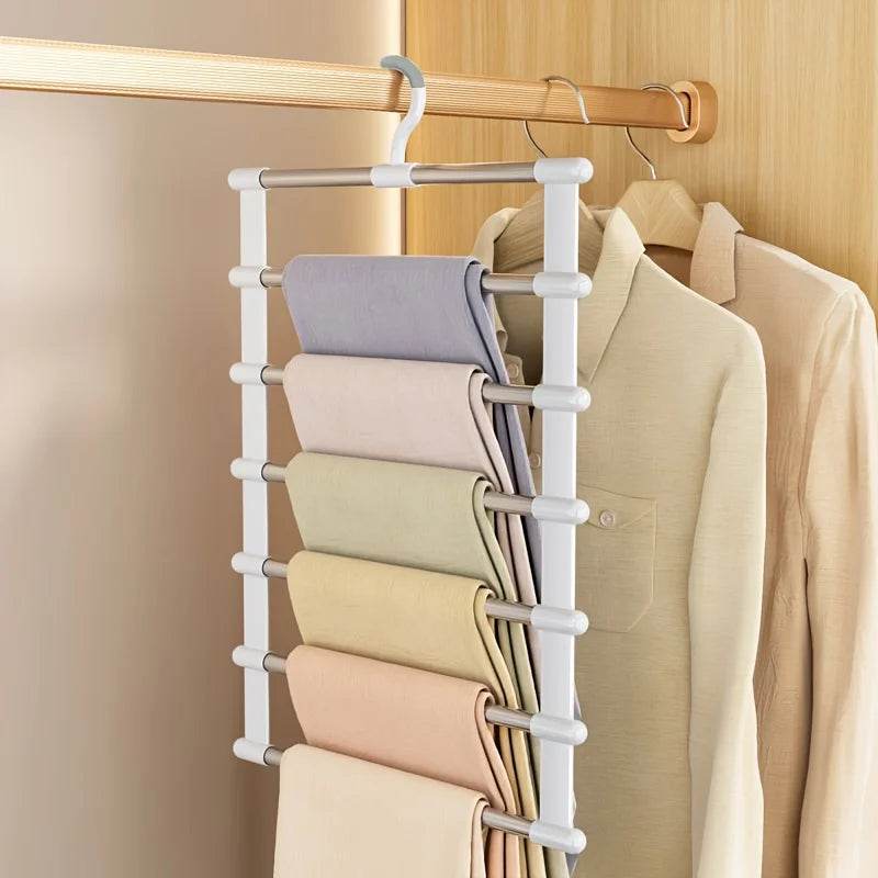EMESA HOME Multi-Functional Pants Rack – Folding Stainless Steel Cloud Ladder Hanger with Clips, Space-Saving Multi-Layer Seamless Storage