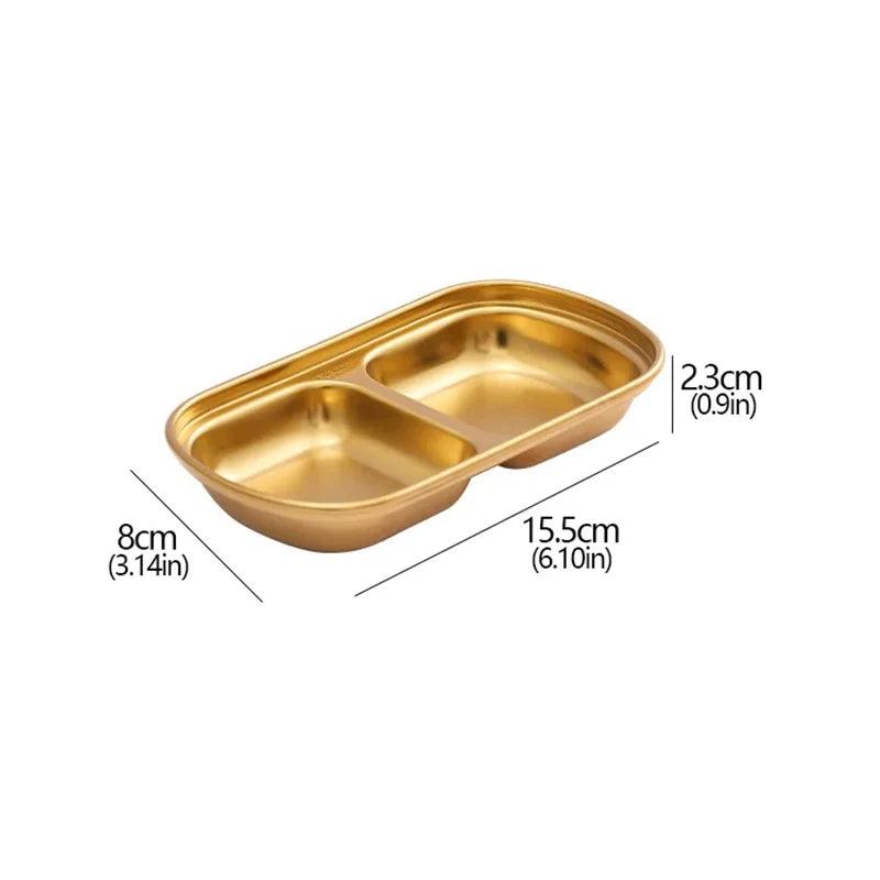 Gold divided tray with measurements on a white background