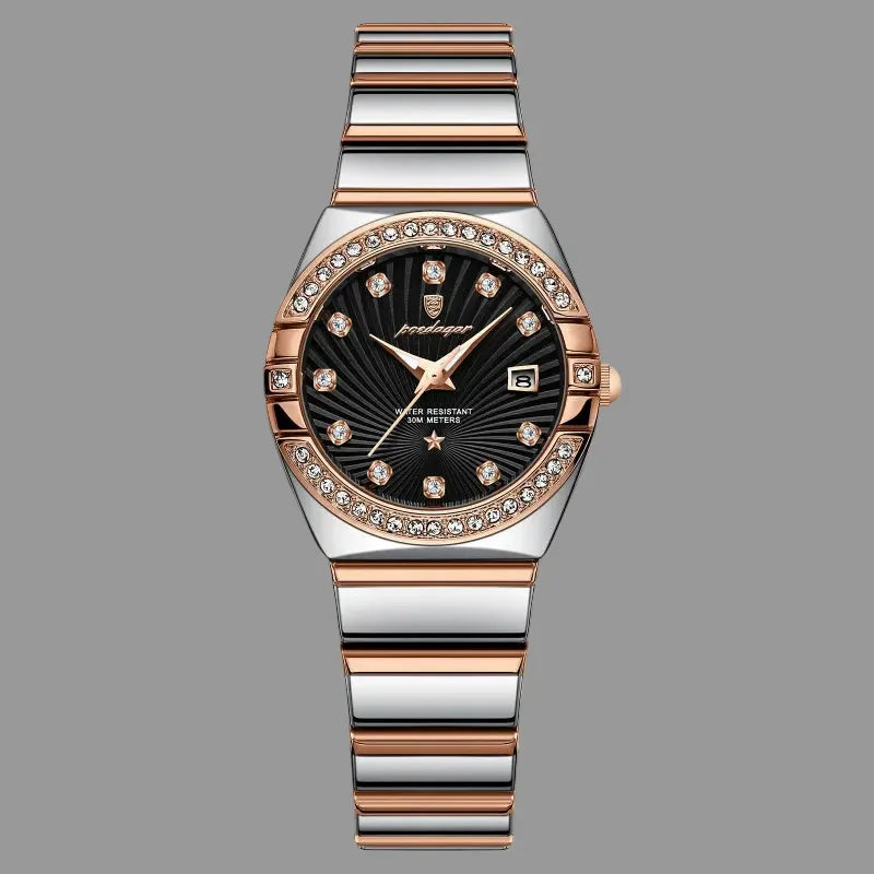 Luxury watch with rose gold and silver band on a white background, featuring the Poedagar brand.