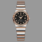 Luxury watch with rose gold and silver band on a white background, featuring the Poedagar brand.
