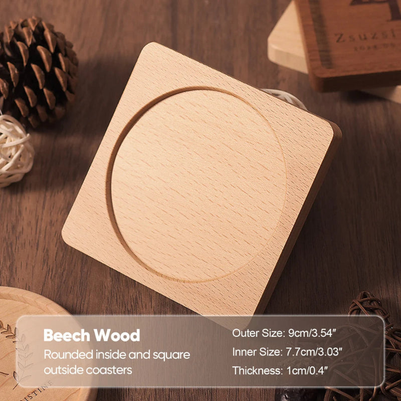 Beech wood coaster on a wooden surface with text overlay