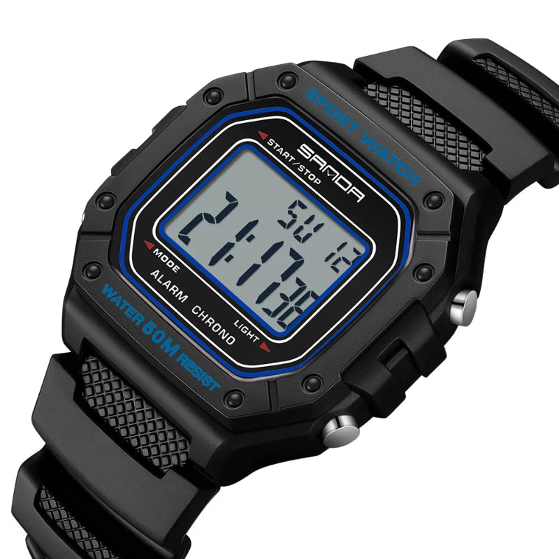 Digital watch with black strap and blue accents on a white background, featuring the brand 'SAMDA'.