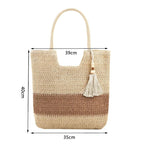 Woven handbag with dimensions on a white background