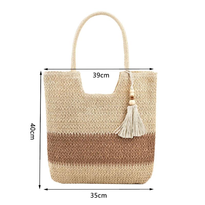 Woven handbag with dimensions on a white background