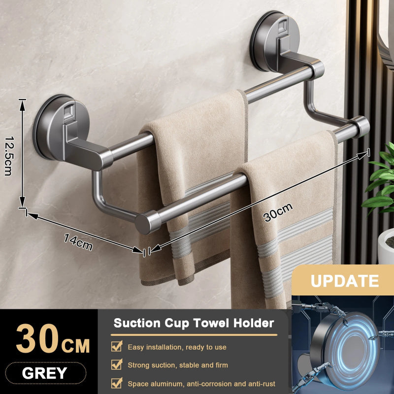 Suction cup towel holder with dimensions and features on a bathroom wall background