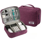 Purple travel organizer with various electronic devices and cables inside on a white background