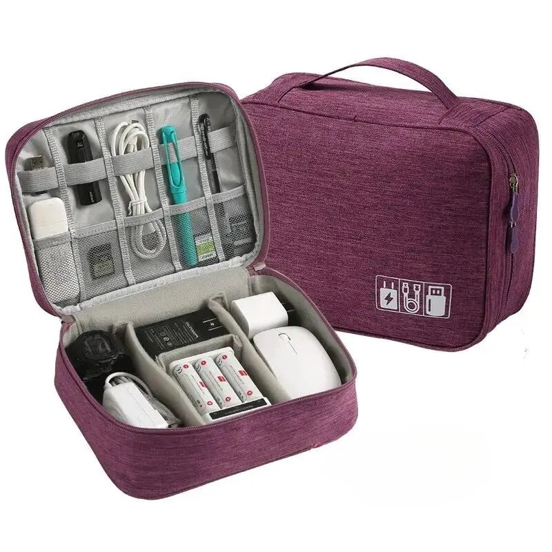 Purple travel organizer with various electronic devices and cables inside on a white background
