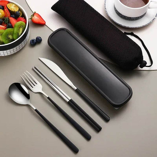 EMESA HOME Portable Stainless Steel Cutlery Set – Knife, Fork, Spoon, Chopsticks with Case, 4-Piece Travel Flatware Gift Set Silver black