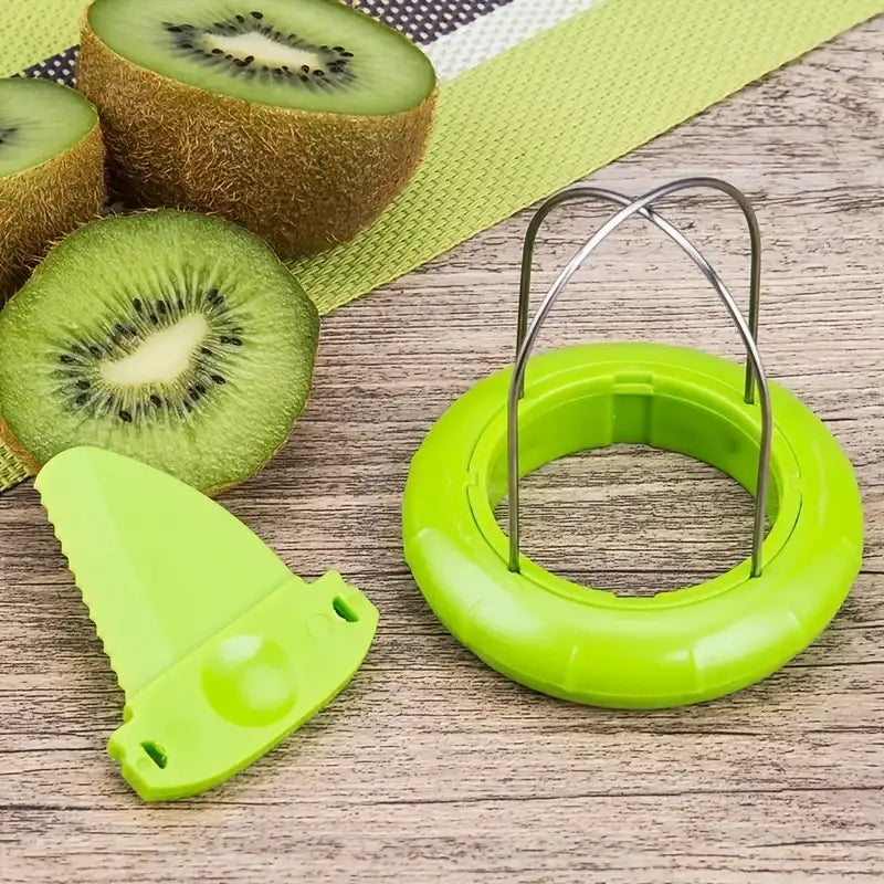 Green kiwi peeler and slicer with sliced kiwis on a wooden surface