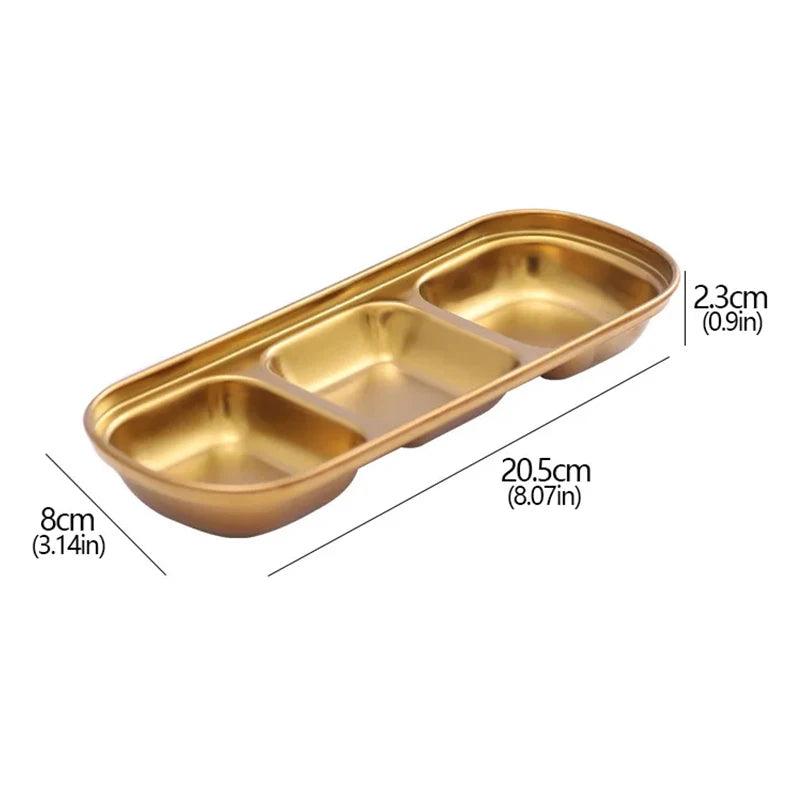 Gold divided tray with measurements on a white background