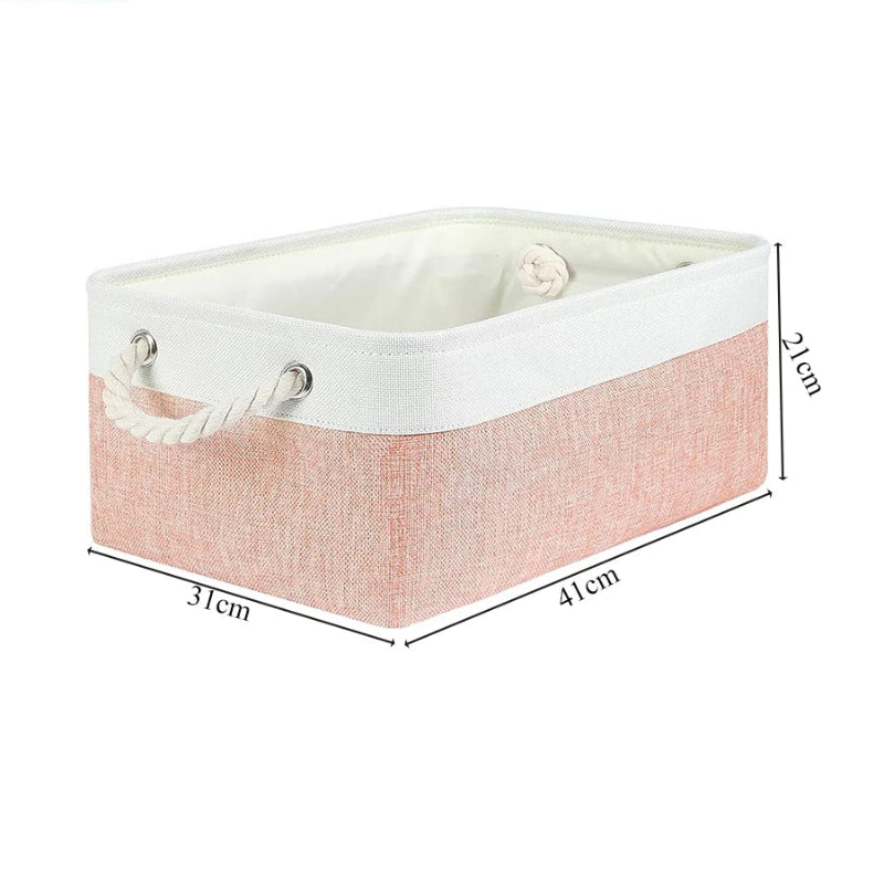Rectangular storage basket with pink base and white top, shown with dimensions on a white background.
