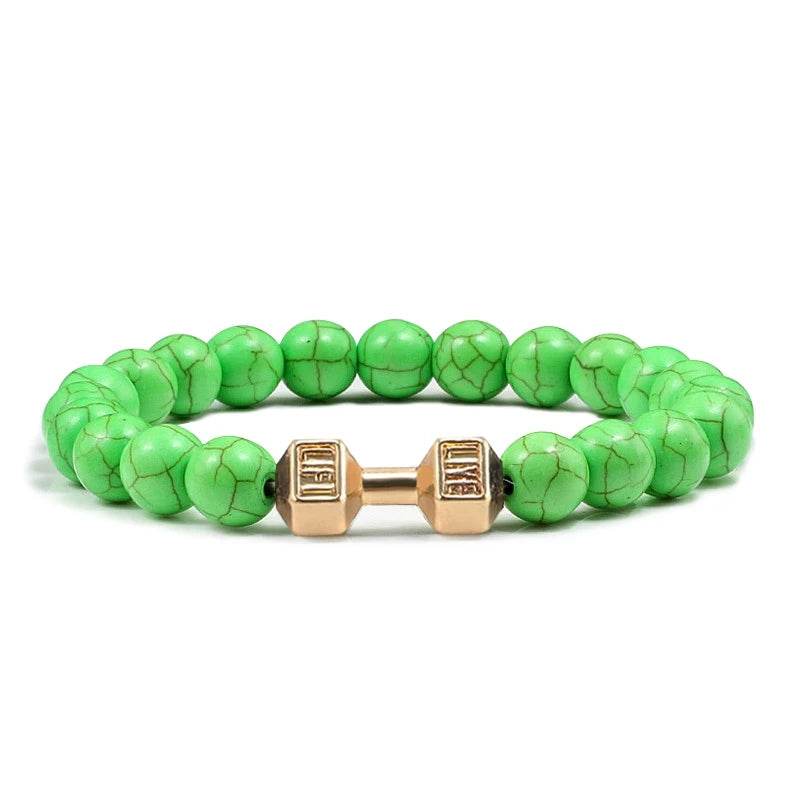 EMESA HOME Volcanic Stone Bead Bracelet – Matte Black Lava & White Dumbbell Charm Fitness Jewelry for Men & Women Green Gold