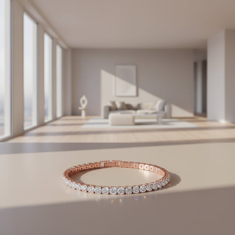 Rose gold bracelet with diamonds on a white background