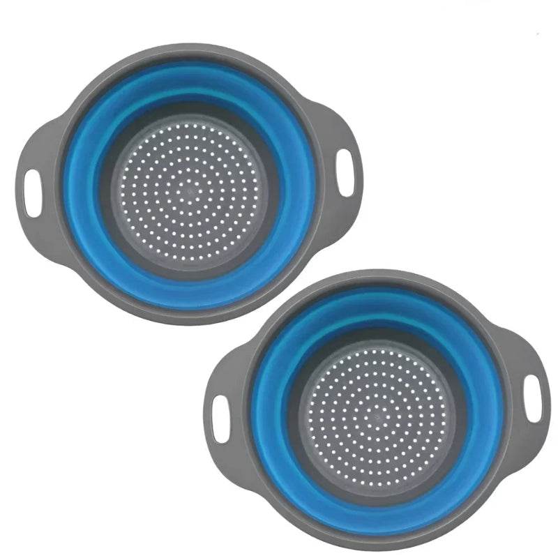 EMESA HOME Round Foldable Silicone Colander – Collapsible Kitchen Fruit & Vegetable Washing Basket Strainer Drainer Tool S Blue 2PCS