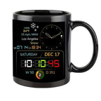 A black ceramic mug featuring a digital weather dashboard display design on the front, shown against a plain white background.