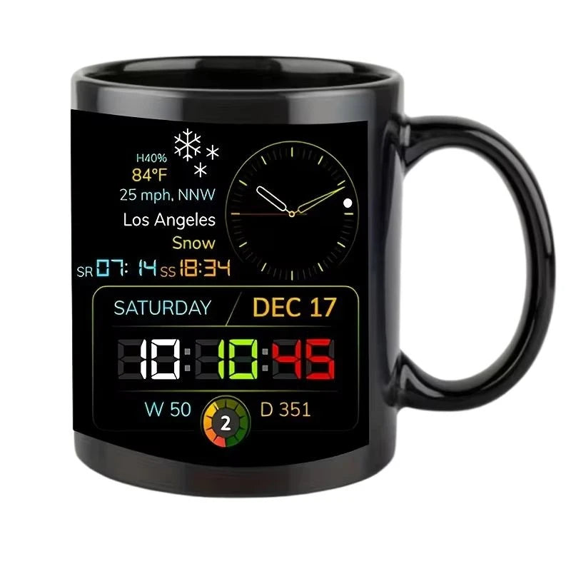 A black ceramic mug featuring a digital weather dashboard display design on the front, shown against a plain white background.