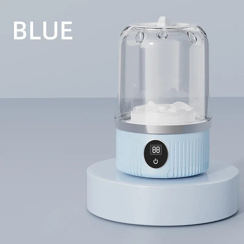 Blue humidifier with digital display on a gray background
