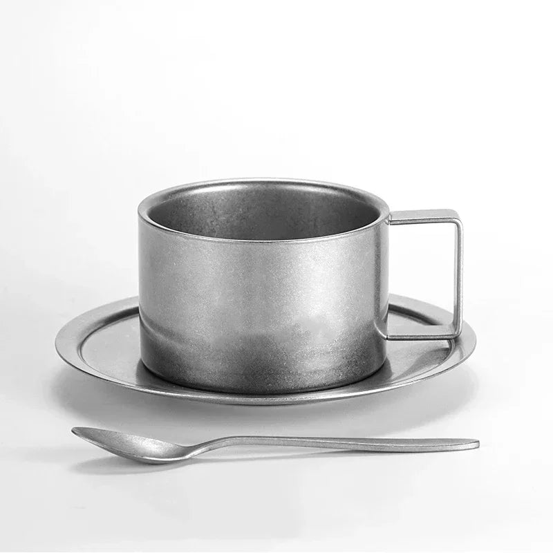 EMESA HOME Retro Coffee Cup Set, Double Wall 304 Stainless Steel with Spoon & Saucer, Frosted Industrial Style Tea Cup