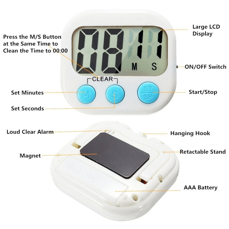 Digital timer with labeled features on a white background