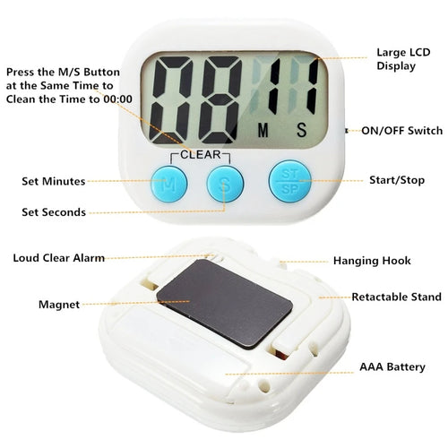 Digital timer with labeled features on a white background