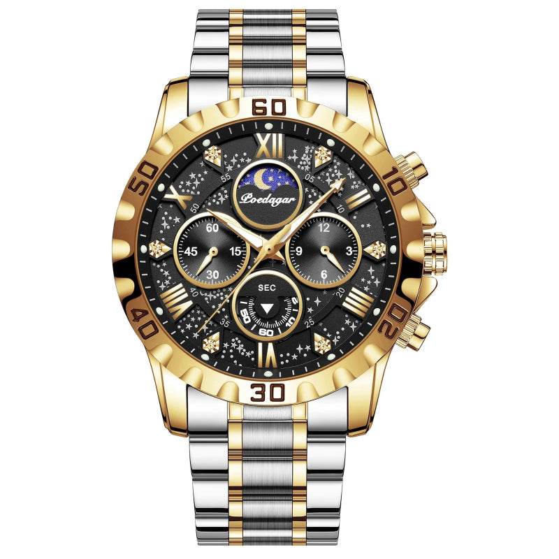 EMESA HOME Luxury Men’s Quartz Watch – Waterproof Stainless Steel Chronograph Sports Wristwatch with Luminous Display 973 Gold Black
